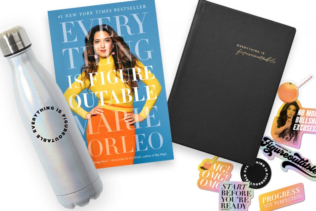 Marie's Forleo's #1 NY Times bestselling book, an exclusive vegan leather Everything is Figureoutable journal, an Everything is Figureoutable water bottle, and Everything is Figureoutable stickers.
